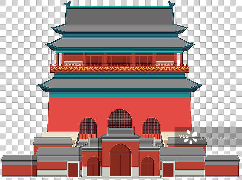 北京古都地标古建鼓楼扁平PNG透底插画图片素材