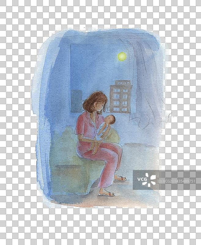 手绘妈妈哄娃睡觉母亲抱着宝宝入睡夜晚奶睡插画插图图片素材