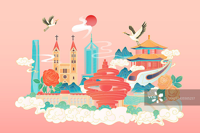 青岛中国风城市矢量插画图片素材