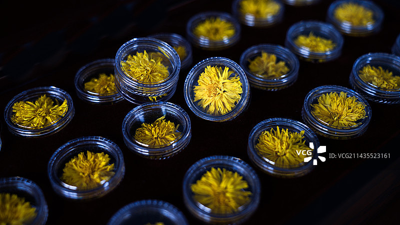 黑色背景下盒子里菊花的高视角图图片素材