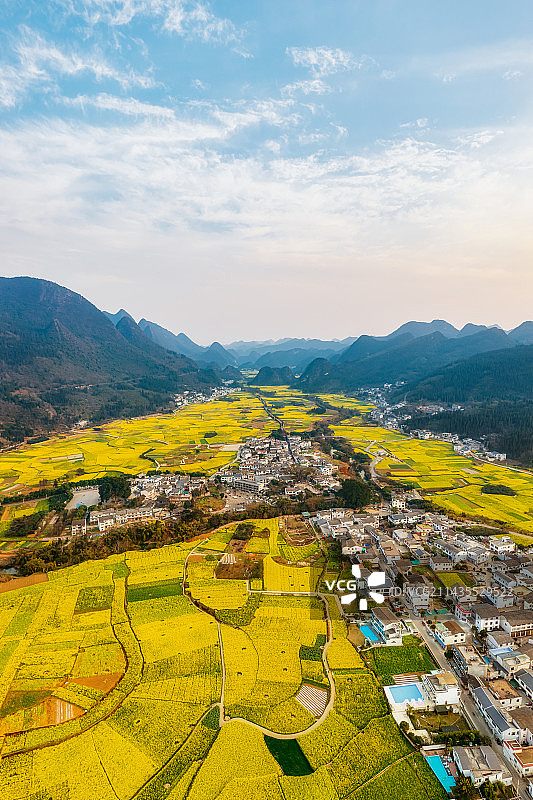 贵州省黔西南布依族苗族自治州兴义市万峰林景区下纳灰村油菜花田与喀斯特地貌春季航拍图片素材