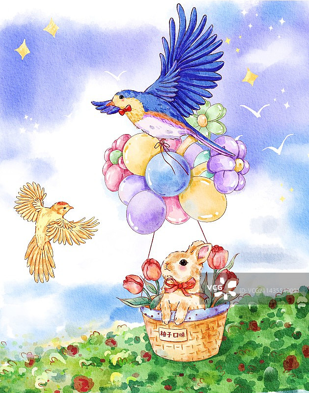 乘着气球去旅行 飞鸟和小兔图片素材