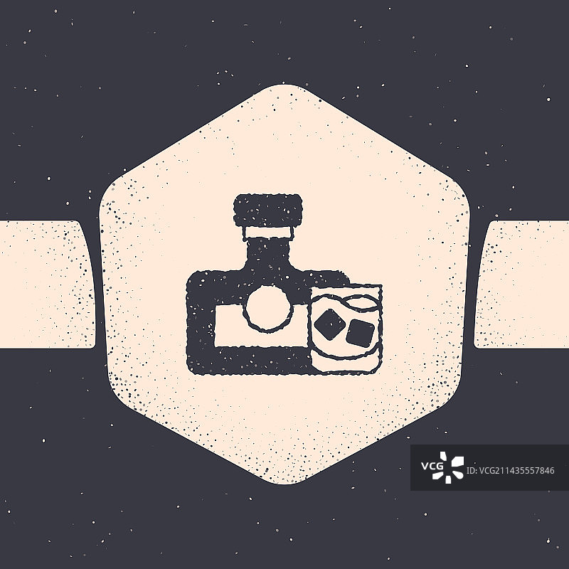 Grunge风格威士忌酒瓶和玻璃杯图标图片素材