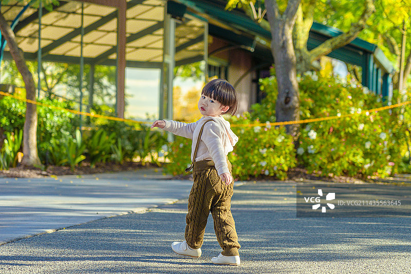 别墅庭院小道上散步的小男孩图片素材