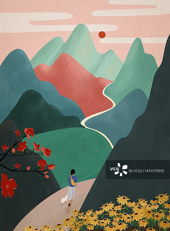 一人一狗走在山路上图片素材