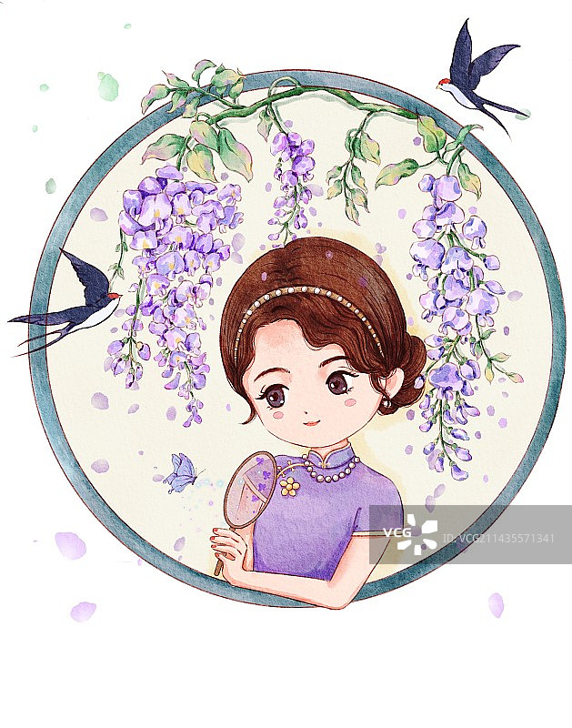 Q版萌萌民国紫藤花少女图片素材