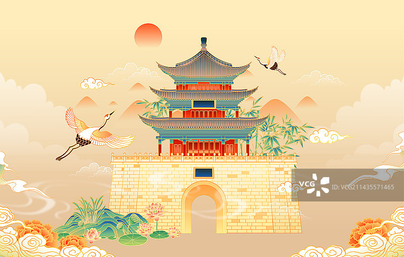 云南大理古城五华楼建筑矢量插画图片素材