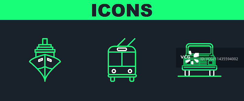 汽车货轮和无轨电车图标线条图片素材