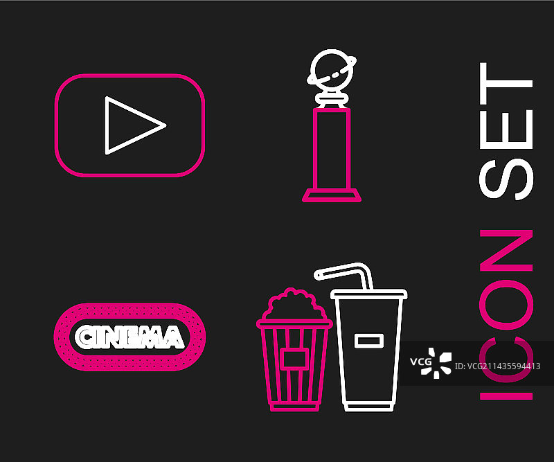 爆米花和苏打饮料玻璃杯电影院线条集合图片素材