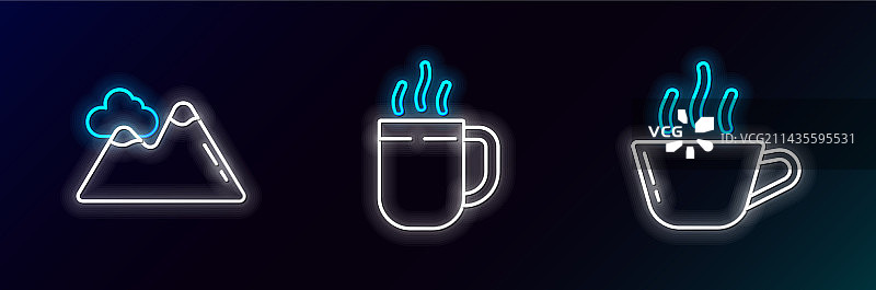 咖啡杯、山脉和发光图标线条设计图片素材