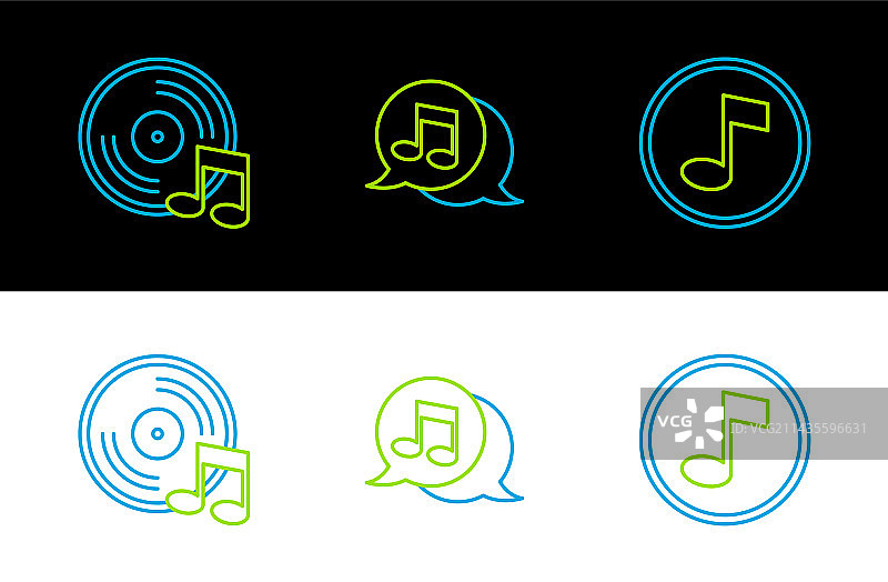 线性音乐套装：音符、音调、黑胶唱片和乐器图片素材