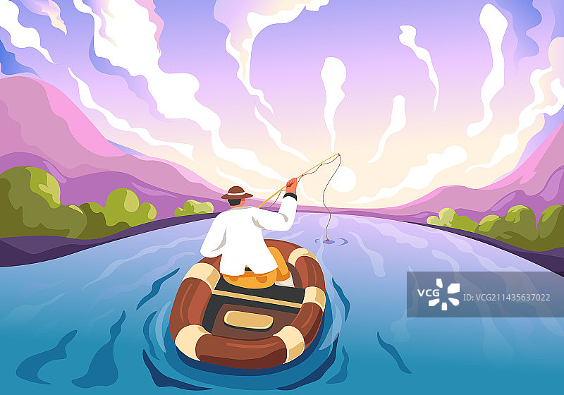 森林池塘早晨捕鱼的渔船图片素材