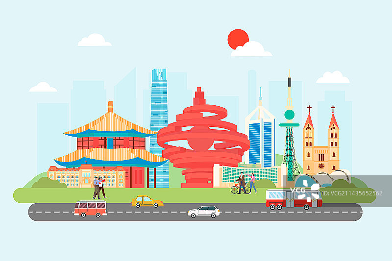 青岛现代城市生活矢量插画图片素材