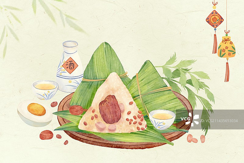 端午安康-传统食物粽子雄黄酒艾草插画图片素材