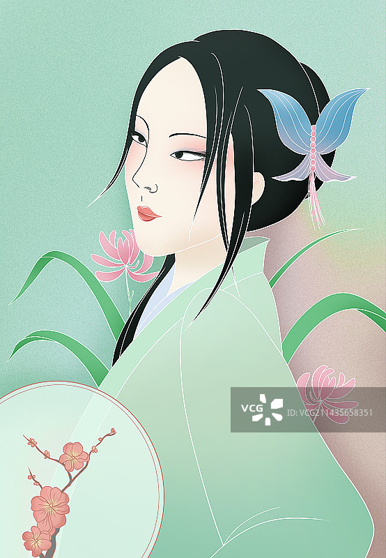 手绘江南女子清新国潮风插画图片素材