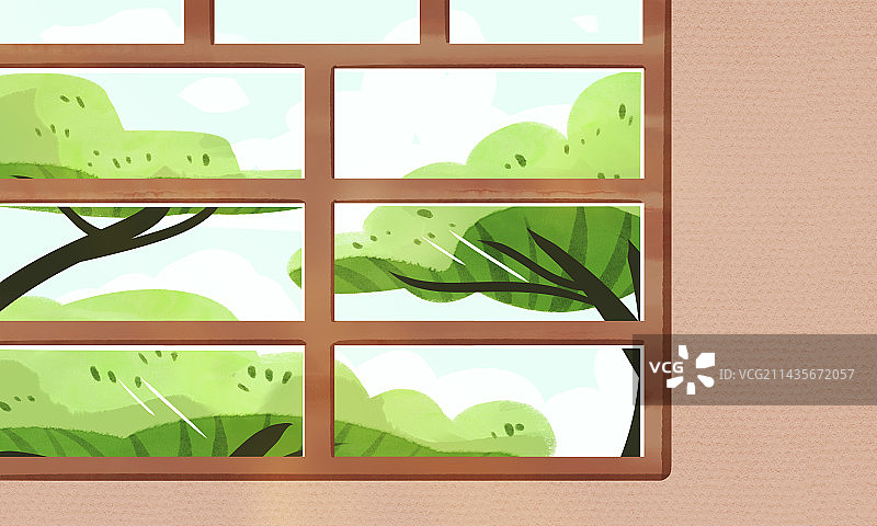 室内窗户看窗外小区绿化自然风景图片素材