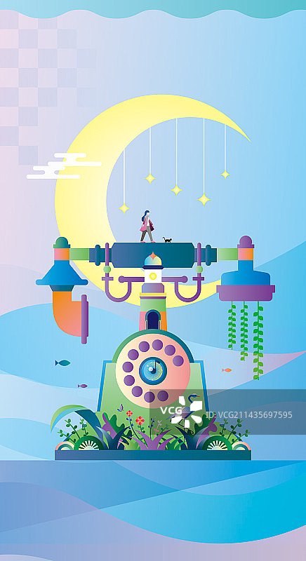 走在复古电话上的少女和月亮背景插画壁纸图片素材