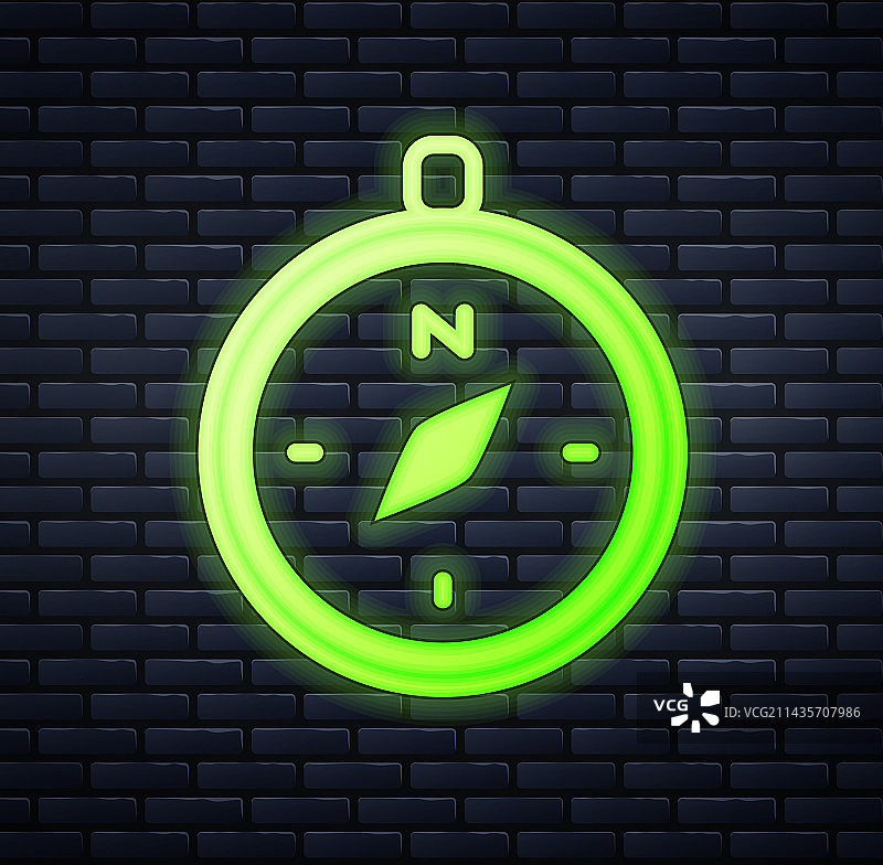砖墙上发光的霓虹指南针图标图片素材