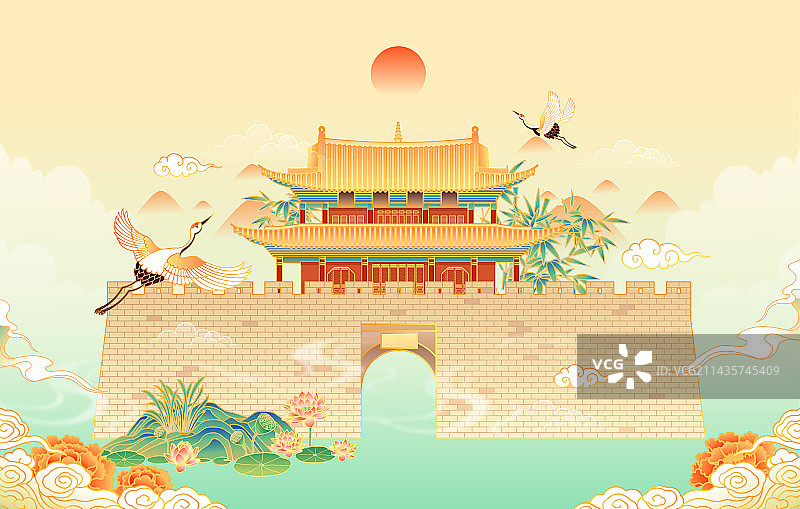 云南大理古城南城门建筑矢量插画图片素材