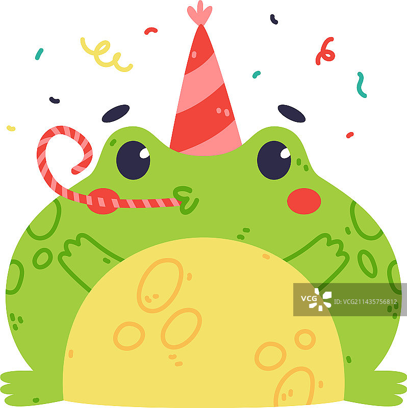 生日主题的可爱胖绿色青蛙或蟾蜍角色图片素材