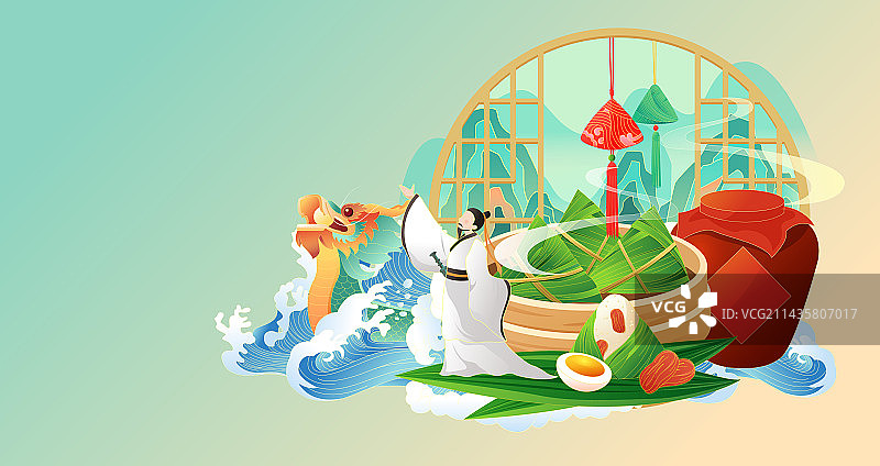 端午节美食粽子赛龙舟屈原矢量插画海报图片素材
