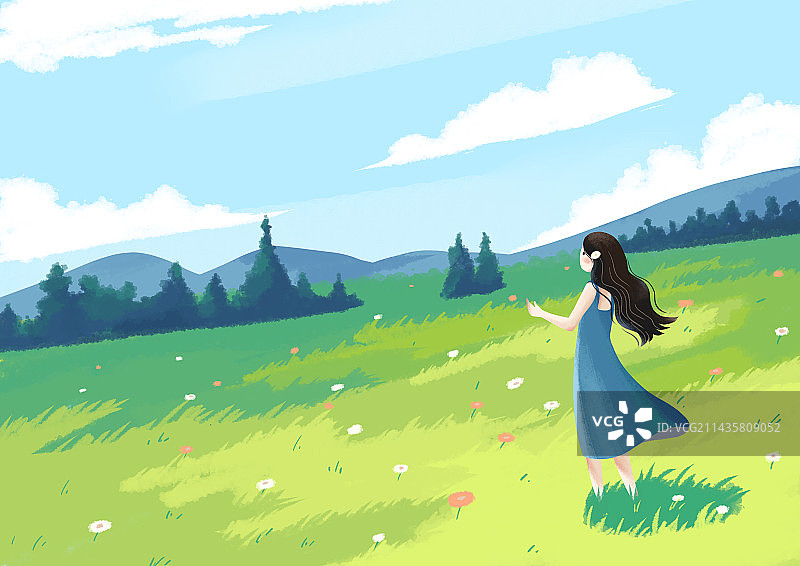 春天草地女孩看花图片素材