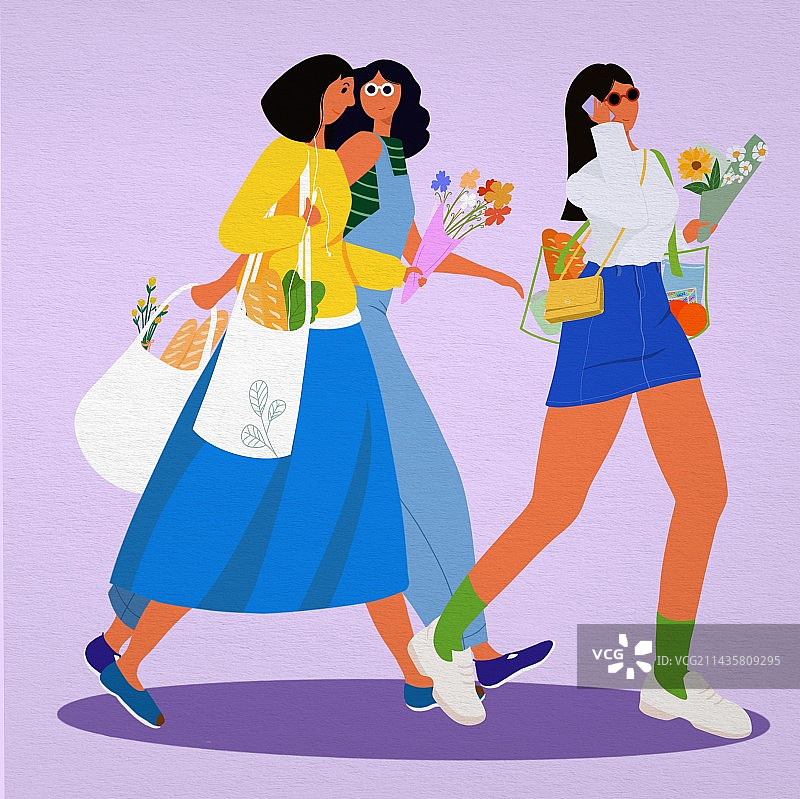 三个闺蜜大步行走图片素材
