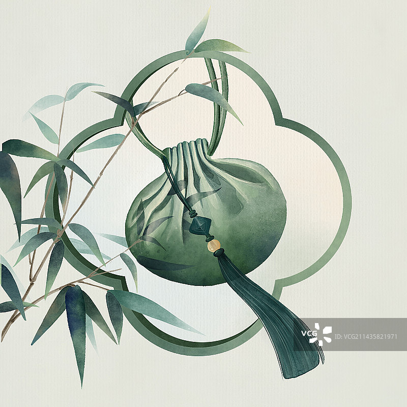 竹子水彩香囊带框图片素材