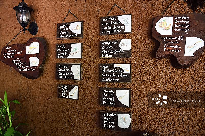 洋葱、大蒜、辣椒、咖喱叶、小茴香、肉桂、豆蔻、盐、胡椒、丁香、芥末籽、茴香、香菜、胡芦巴、藏红花、椰子油：斯里兰卡厨房食材，位于亚洲斯里兰卡康提的托图波拉住宅图片素材