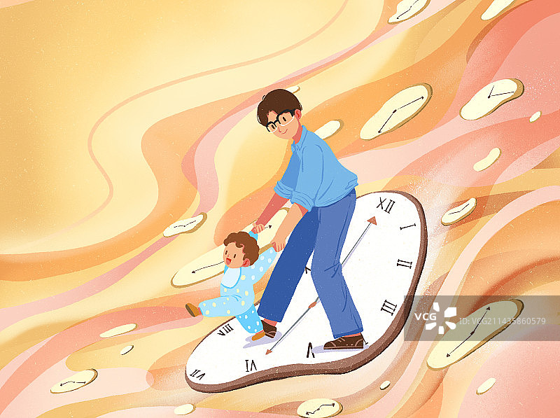 父亲节父子学走路时光流淌插画图片素材