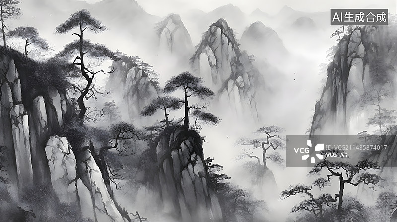 【AI数字艺术】中国画国风水墨山水图片素材