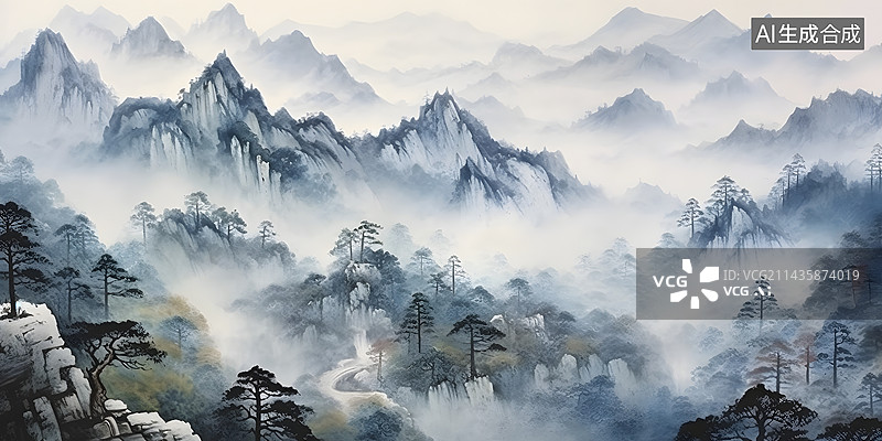 【AI数字艺术】中国画国风水墨山水图片素材