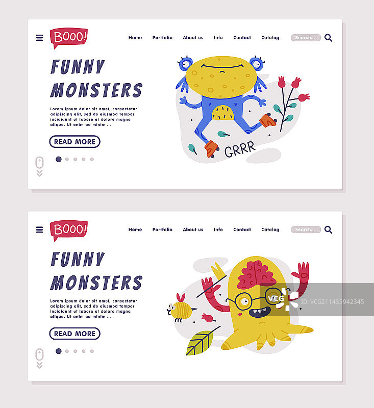有趣的怪物着陆页与滑稽的野兽图片素材