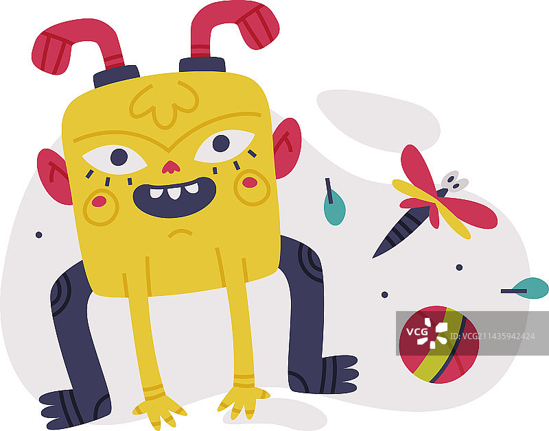 长着牙齿、拿着球的有趣黄色怪物图片素材