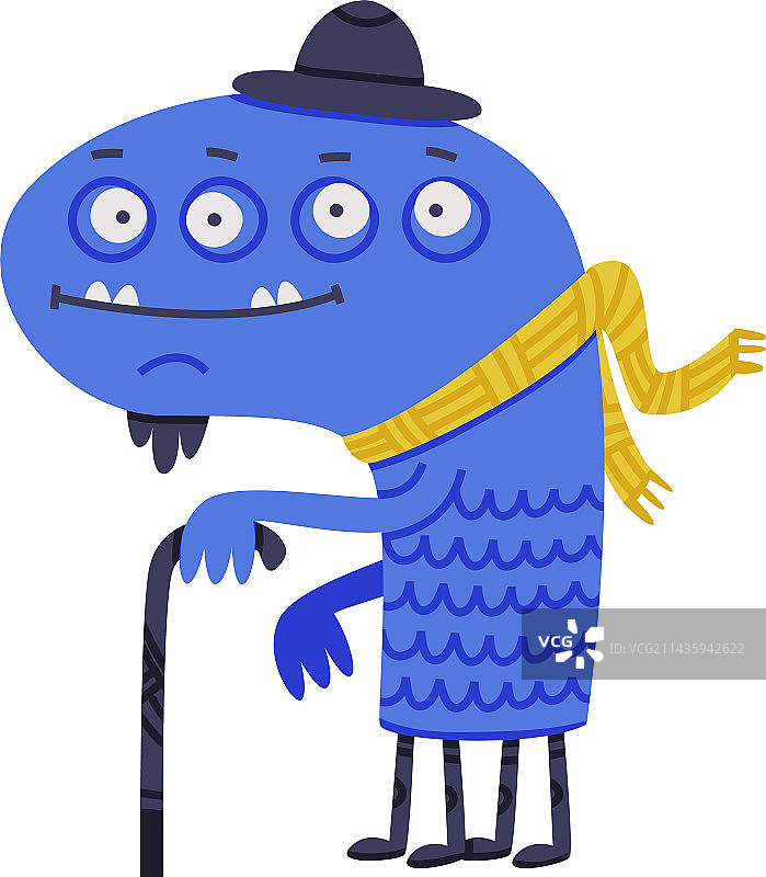 戴着围巾和帽子的有趣蓝色怪物站立图片素材