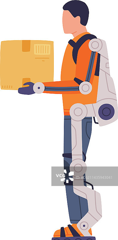 穿机器人外骨骼服装的男人拿着包裹图片素材