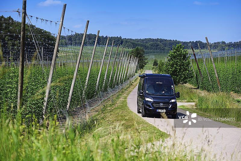 房车行驶在德国下巴伐利亚州哈勒陶的啤酒花种植区图片素材