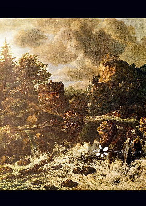 雅各布·伊萨克斯佐恩·范·鲁伊斯代尔的画作《瀑布》(17世纪,卡塞勒画廊专辑,E.A. Seemann于1907年莱比锡出版)图片素材