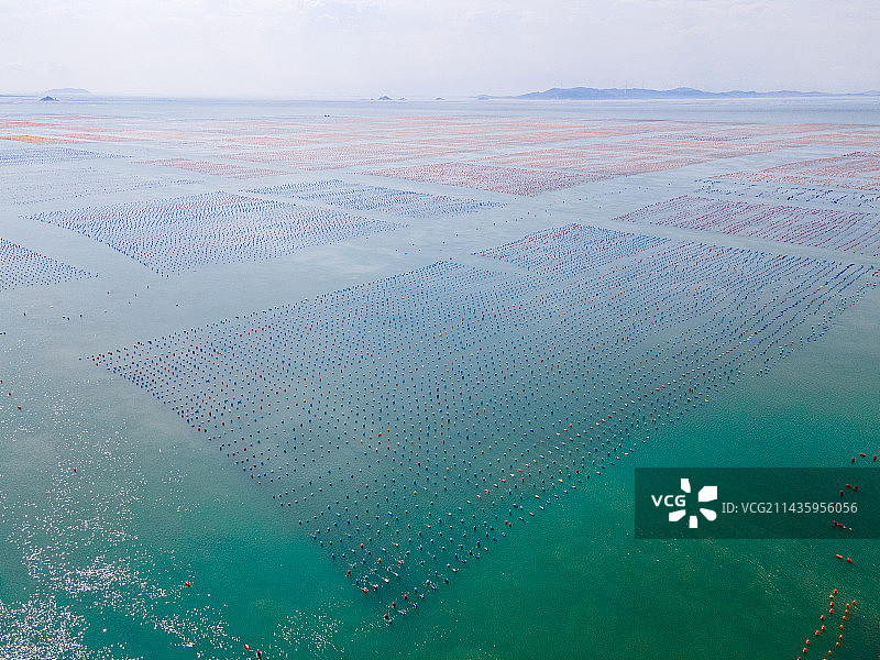 中国广东汕头南澳岛生态养殖示范基地彩色浮球航拍图片素材