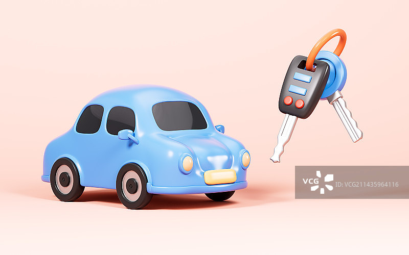 卡通小汽车和钥匙模型3D渲染图片素材