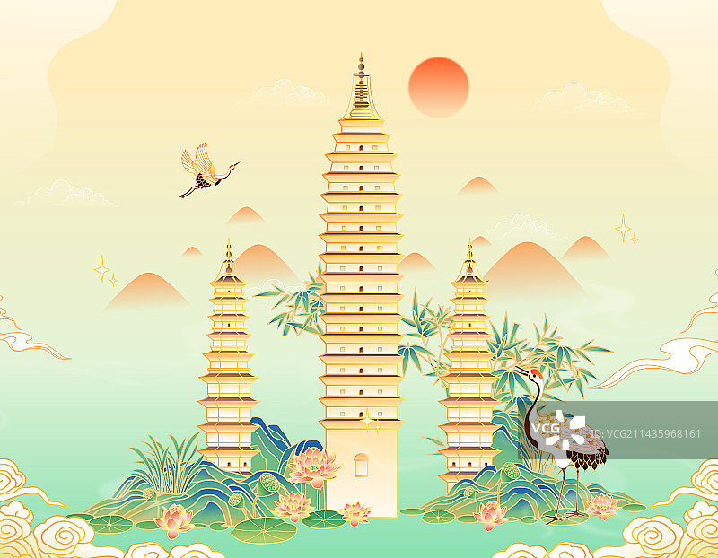 云南大理古城崇圣寺三塔建筑矢量插画图片素材