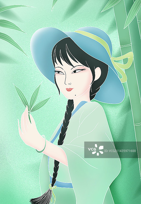 手绘戴帽子的女子清新国潮风插画图片素材