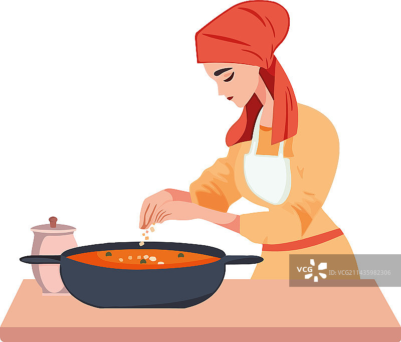 在厨房烹饪美味汤的微笑女人图片素材