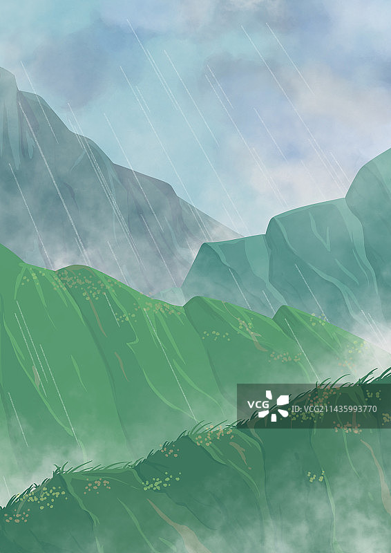 雨天山峦卡通手绘阴雨天图片素材