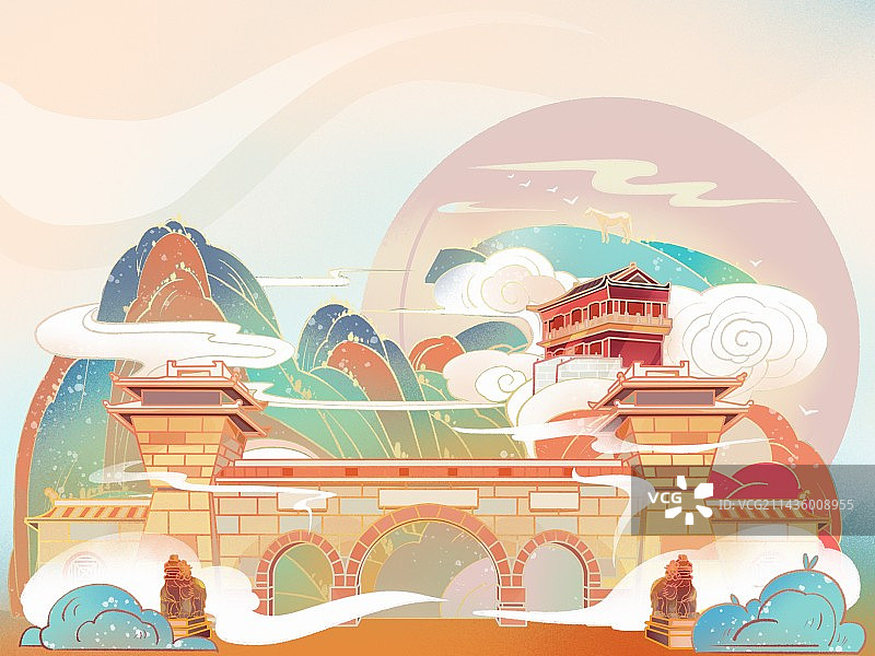 国风建筑风景插画图片素材