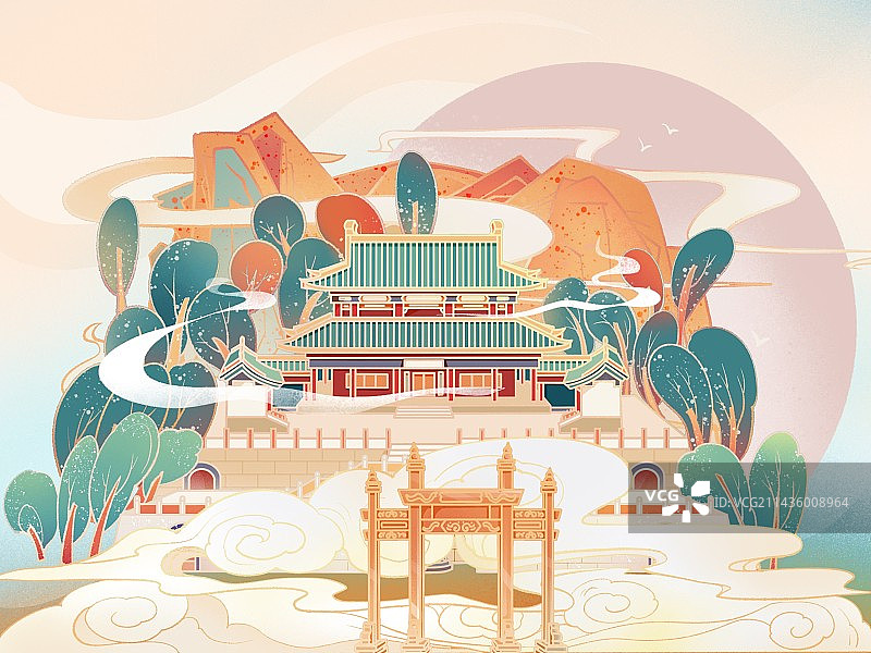 国风建筑风景插画图片素材