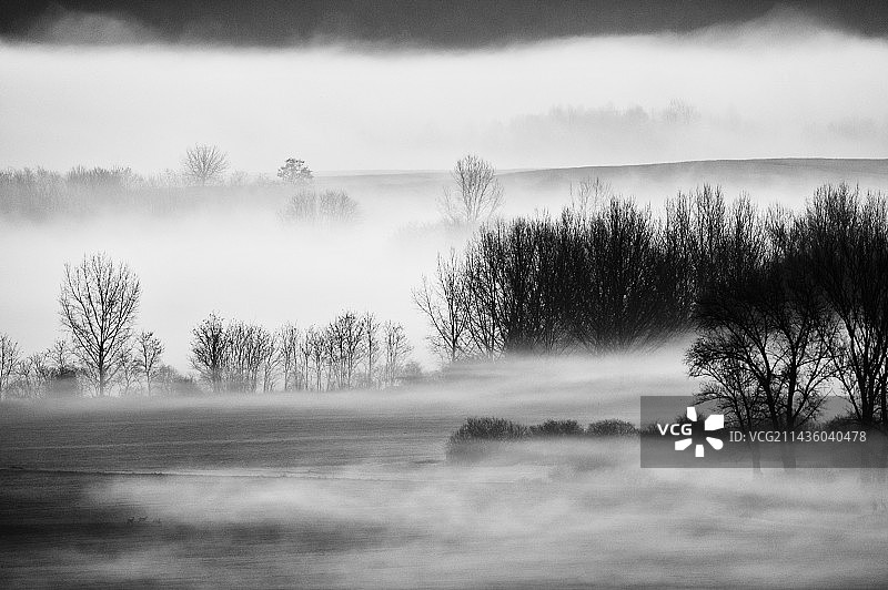 冬季晨雾下的斯洛伐克乡村景色图片素材
