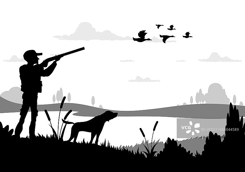 猎人剪影：猎枪、猎狗与鸭子图片素材