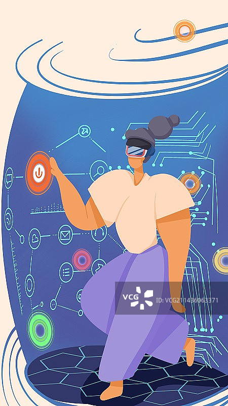 播放运营插画 女孩戴着AI眼镜体验科技图片素材