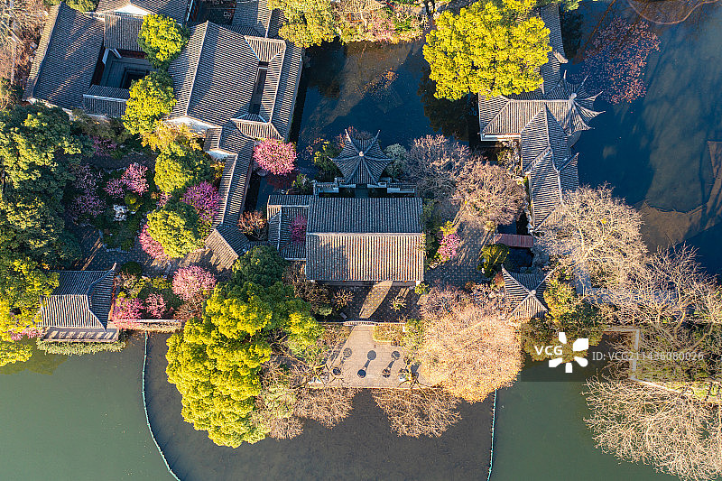 浙江省杭州市西湖风景名胜区郭庄春天梅花航拍图片素材